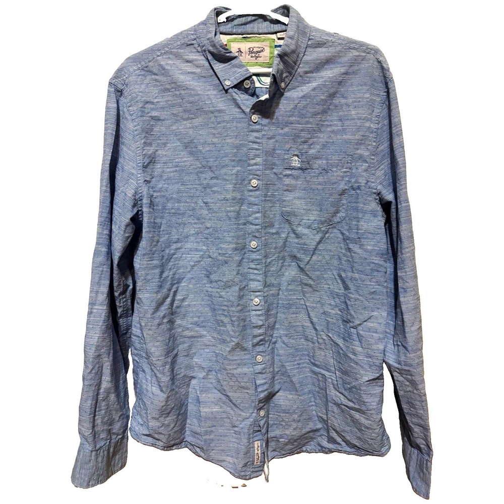 Original Penguin Mens L Blue Textured Cotton Woven Long Sleeve Button Down